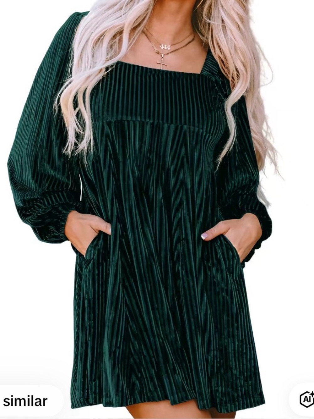 Women's Tie Back Square Neck Velvet Babydoll Dress with Pockets Size XL